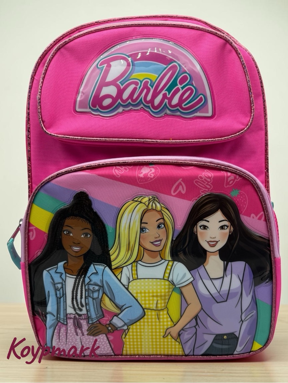 Barbie Bright Pink Girls Character Backpack with Rainbow Accent 16" Large